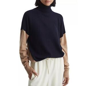 REISS Nova Color Block Turtleneck Sweater Medium NEW Navy Camel Tan